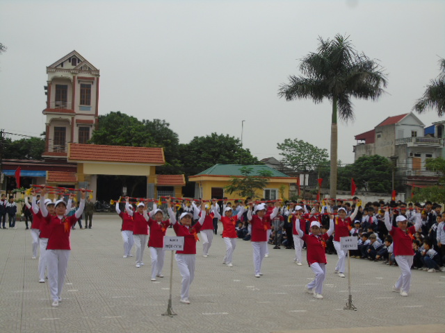 Đồng diễn thể dục dưỡng sinh của hội viên Hội Người cao tuổi xã Hải Triều tại Lễ phát động Ngày chạy Olimpic vì sức khỏe toàn dân